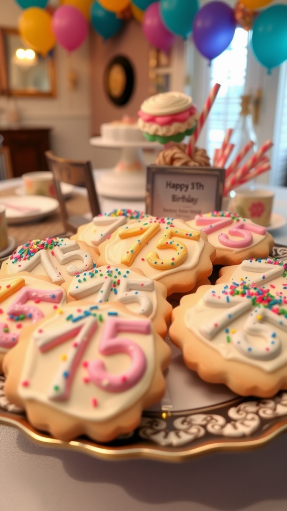 A festive platter of 75th birthday cookies decorated with colorful icing and sprinkles, set against a cheerful party backdrop.